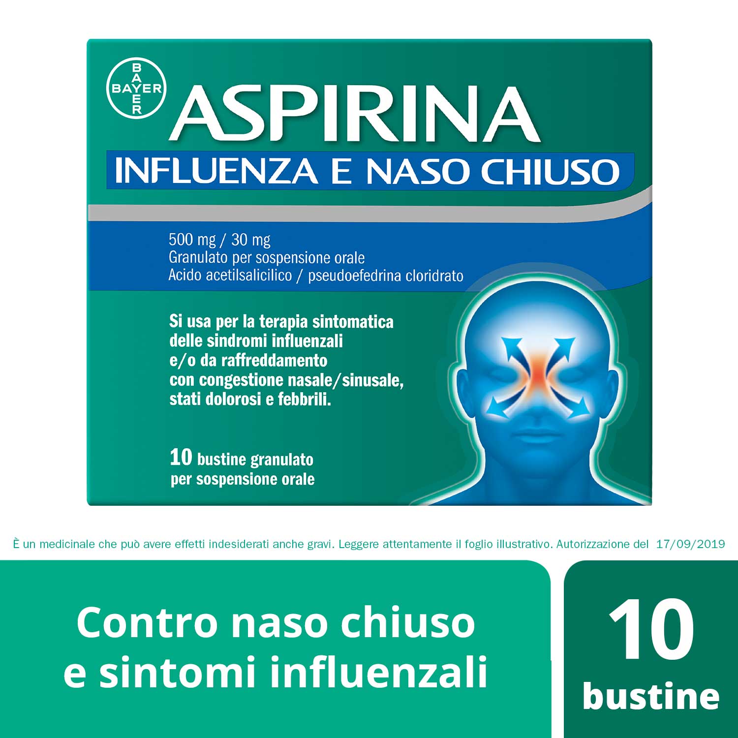 Image of Aspirina Influenza E Naso Chiuso 500 Mg/30 Mg 10 Buste