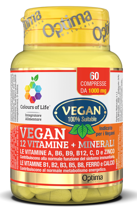 Image of Optima Colours of Life Vegan 12 Vitamine + Minerali Integratore Difese Immunitarie 60 Compresse